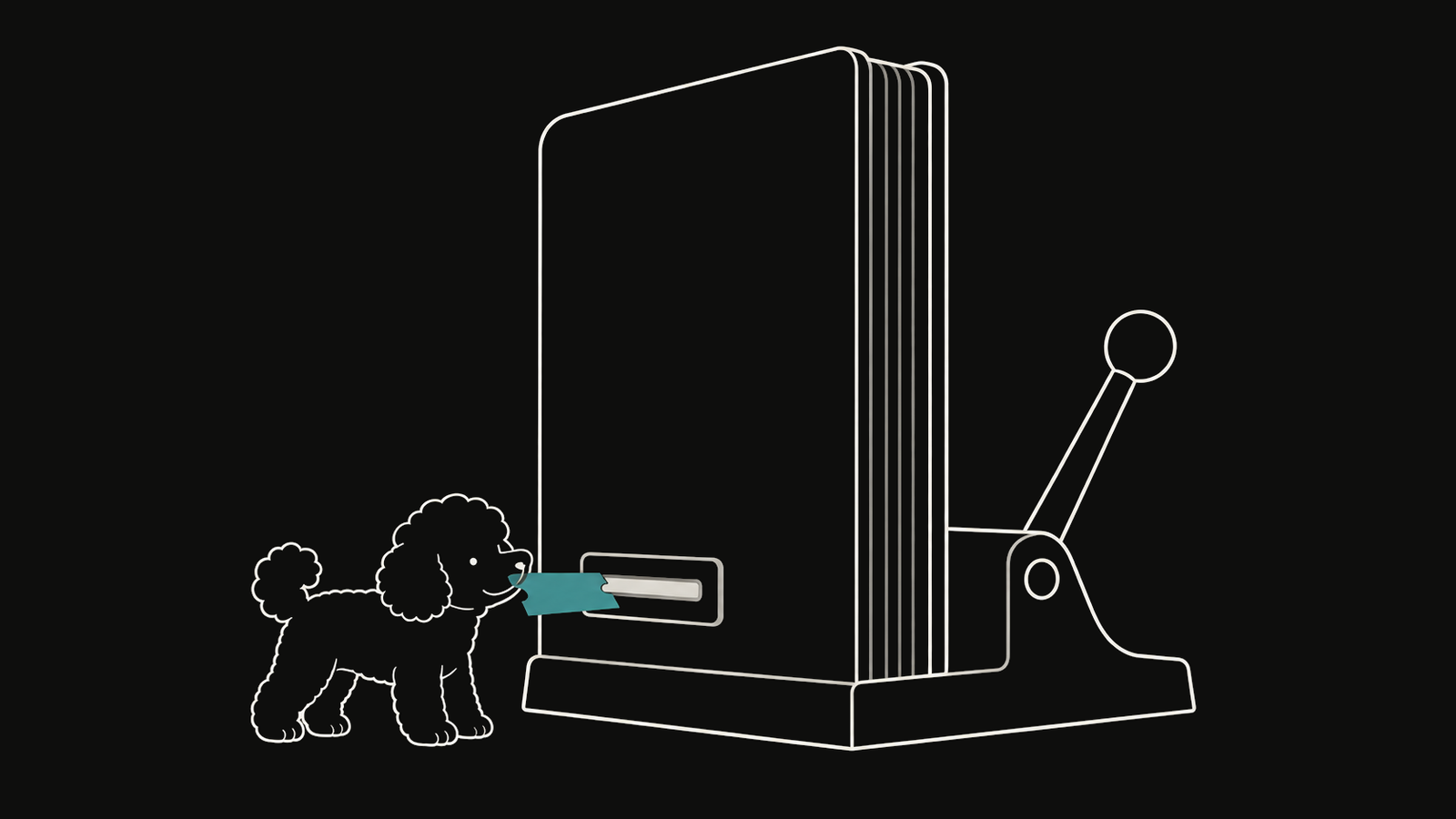 DuoDuo nudges a teal ticket into an upright ledger gate connected to a raised lever.