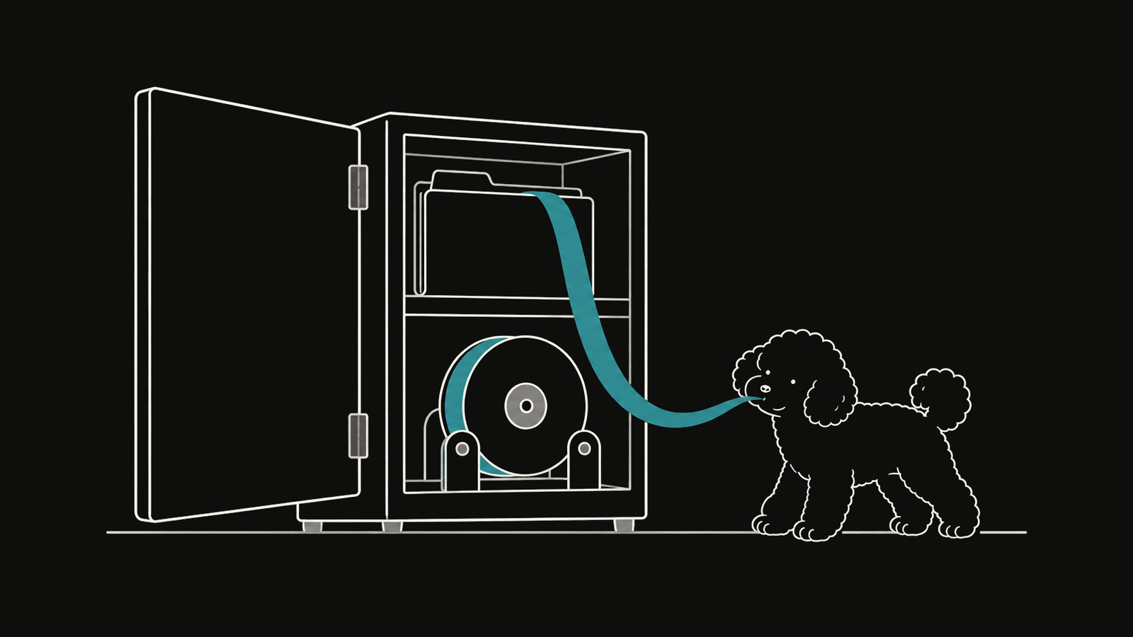 DuoDuo reconnects a teal ribbon from an open file cabinet to a wheel in its base.